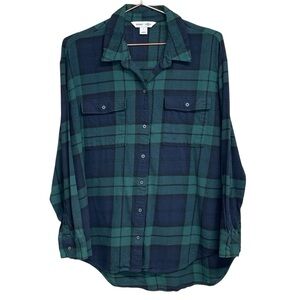 Old Navy Flannel The Boyfriend Shirt Green and Navy Plaid Shirt Women’s Sz Large